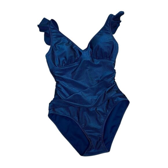 Ellen Tracy Ribbed Navy Blue Swimsuit, 8 - Picture 1 of 7